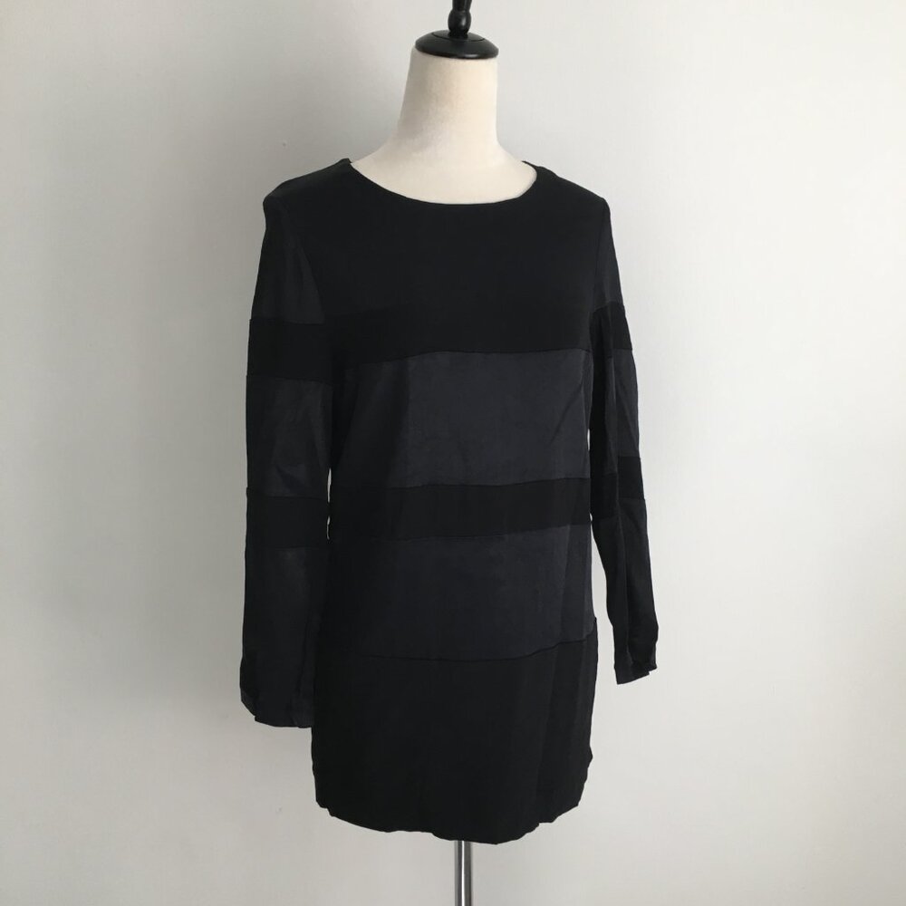 SANDRO Black Mixed Fabric Wide Stripe Long Sleeve Mini Dress